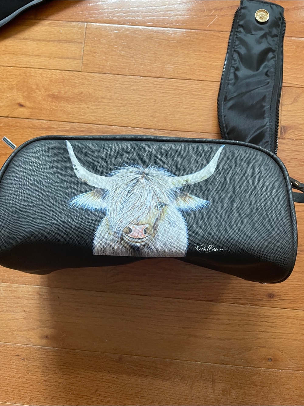 Black Cosmetic Pouch with Highland Cow Illustration Rachel Brown
